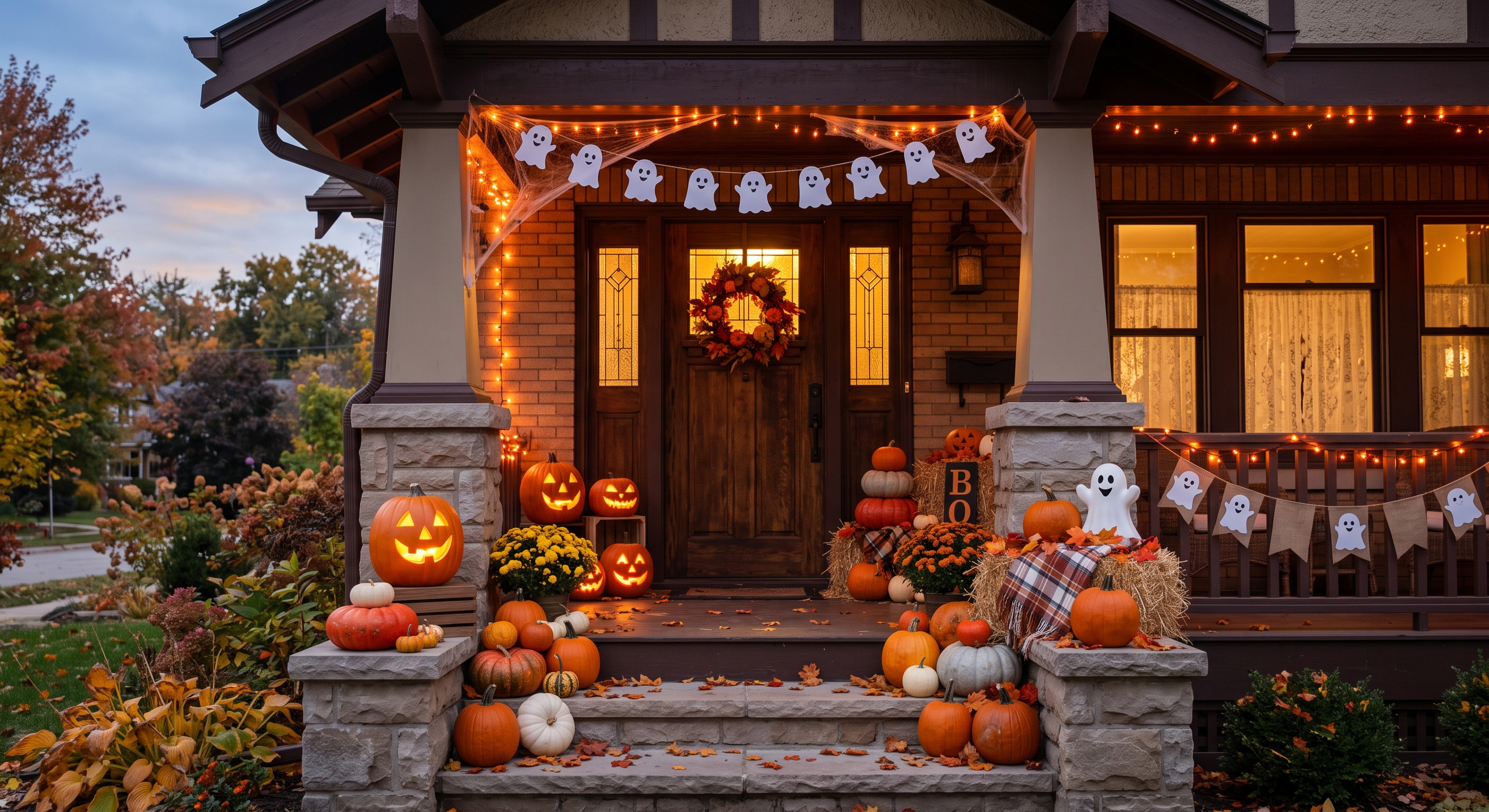 Front porch decorated for Halloween with pumpkins and string lights
