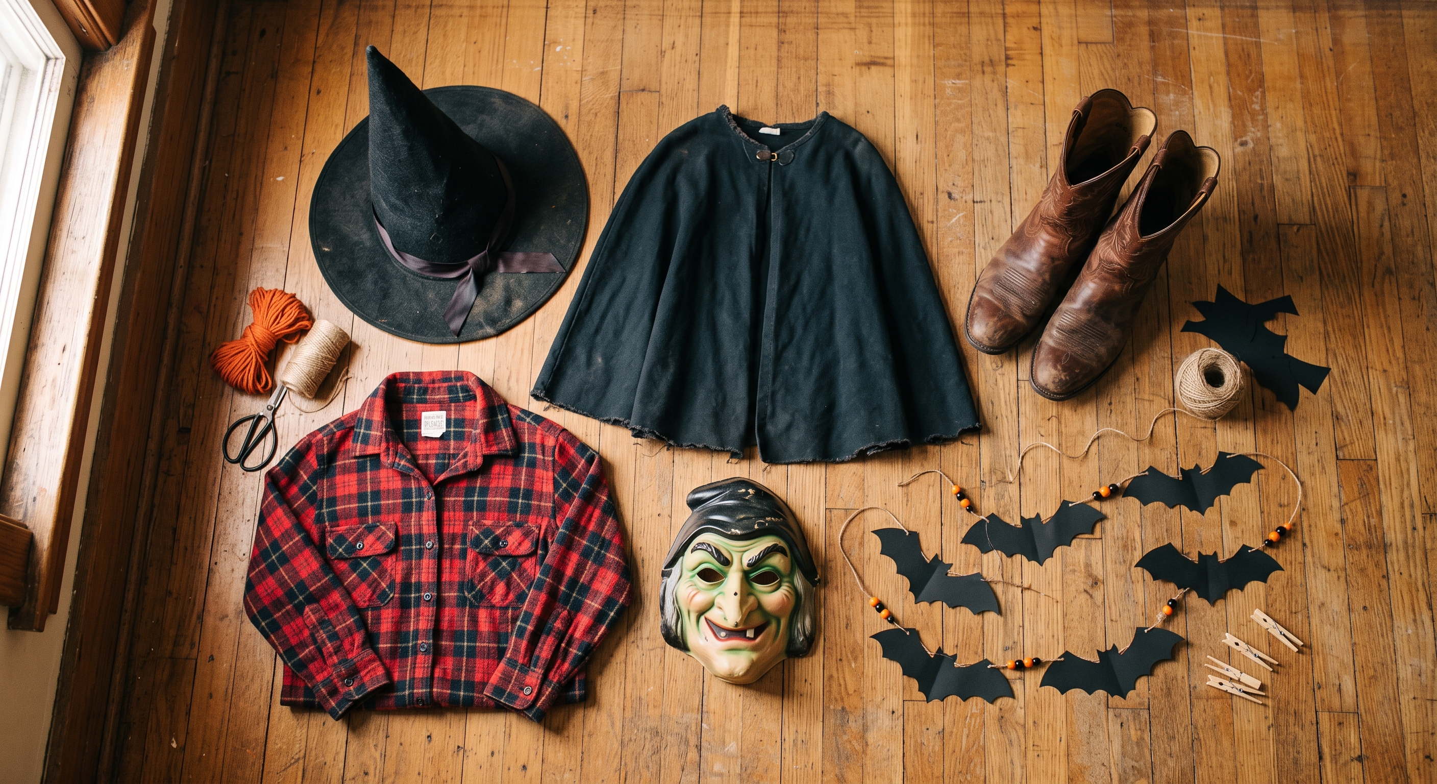 Handmade and thrifted Halloween costume pieces laid out on a table