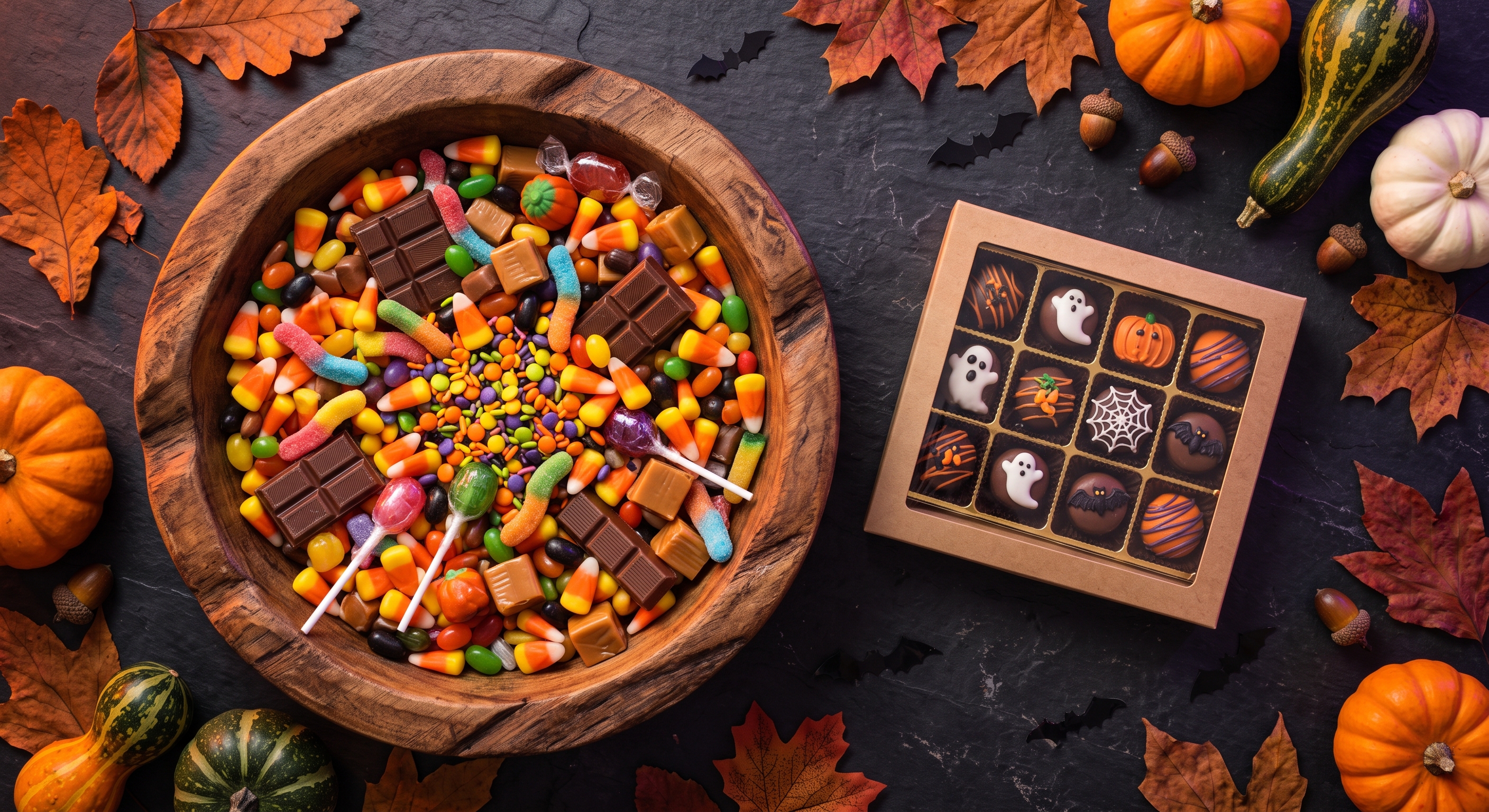 Bowl of assorted Halloween candy and handmade chocolates