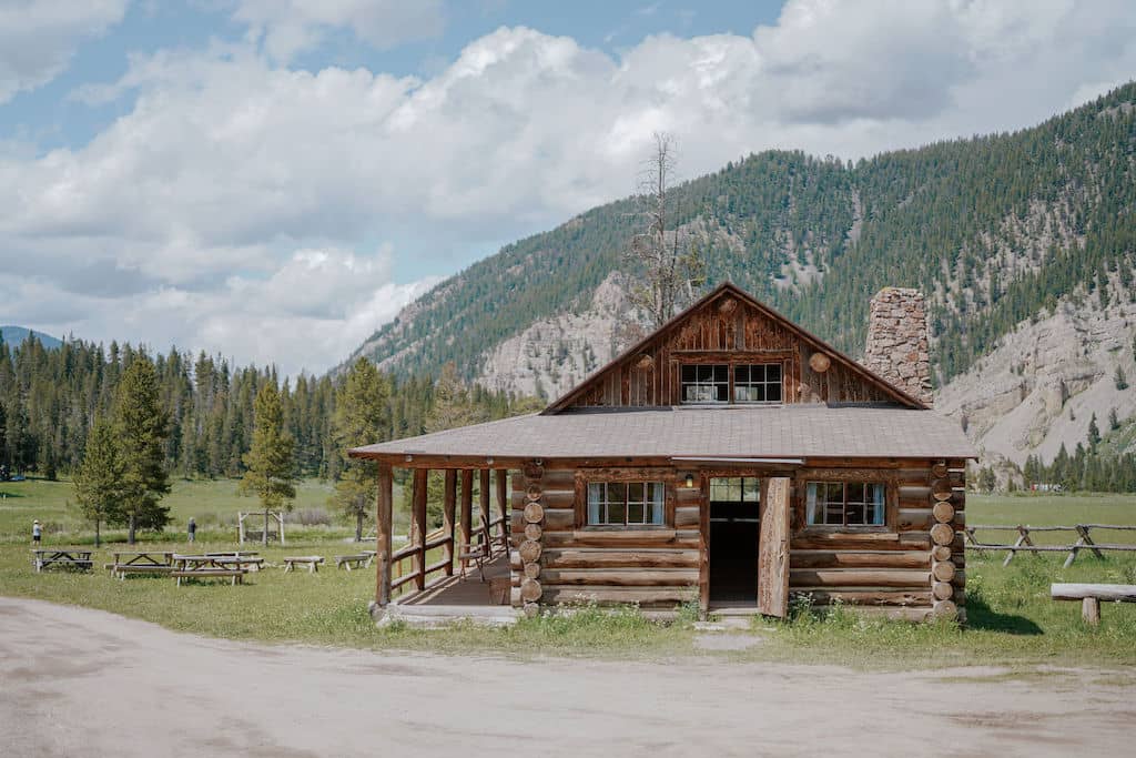 Historic log cabins at Elkhorn Ranch in Gallatin Gateway, Montana near Yellowstone National Park